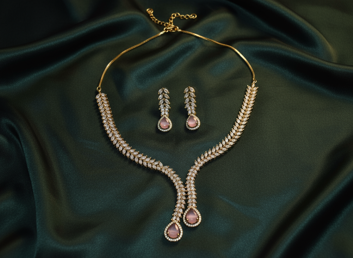 Elegent Antique Polish AD Jewellery Set (Pastel Pink)