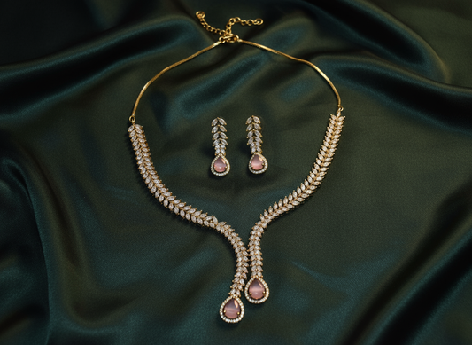 Elegent Antique Polish AD Jewellery Set (Pastel Pink)