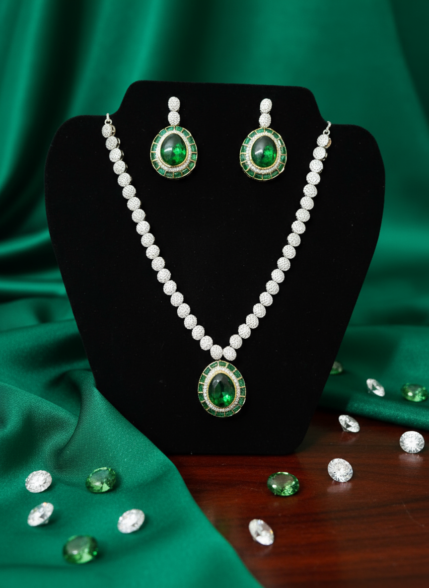Beautiful AD With Green Statement Stone Jewellery Set