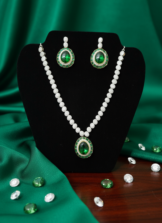 Beautiful AD With Green Statement Stone Jewellery Set