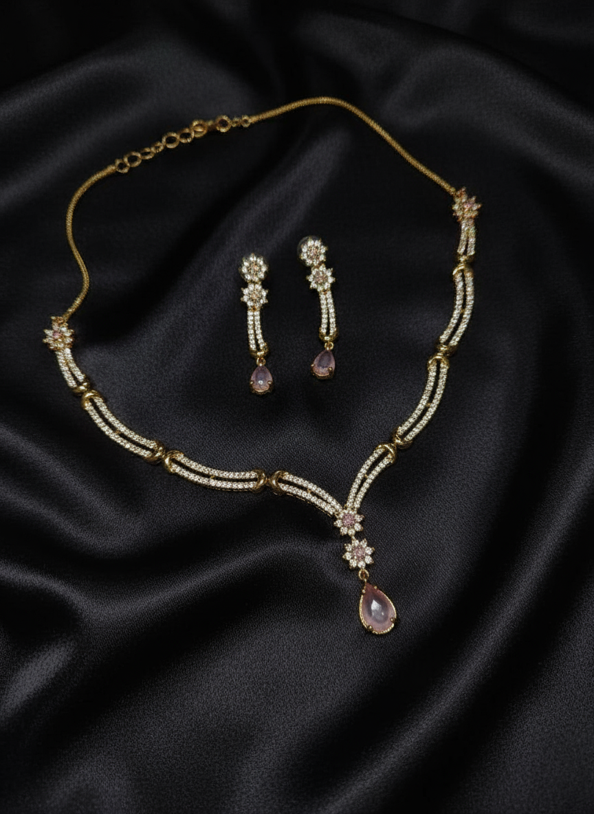 Antique Polish Sleek Pattern AD Jewellery Set (Pink)