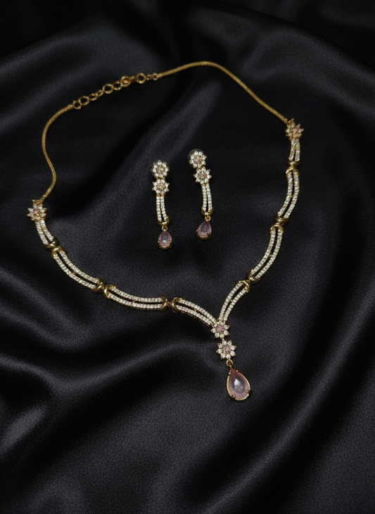 Antique Polish Sleek Pattern AD Jewellery Set (Pink)