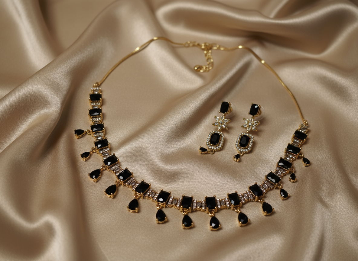 Beautiful Antique Polish Square Shape AD Jewellery Set (Black)