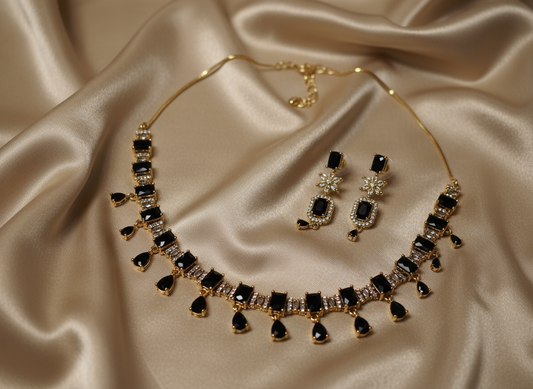 Beautiful Antique Polish Square Shape AD Jewellery Set (Black)