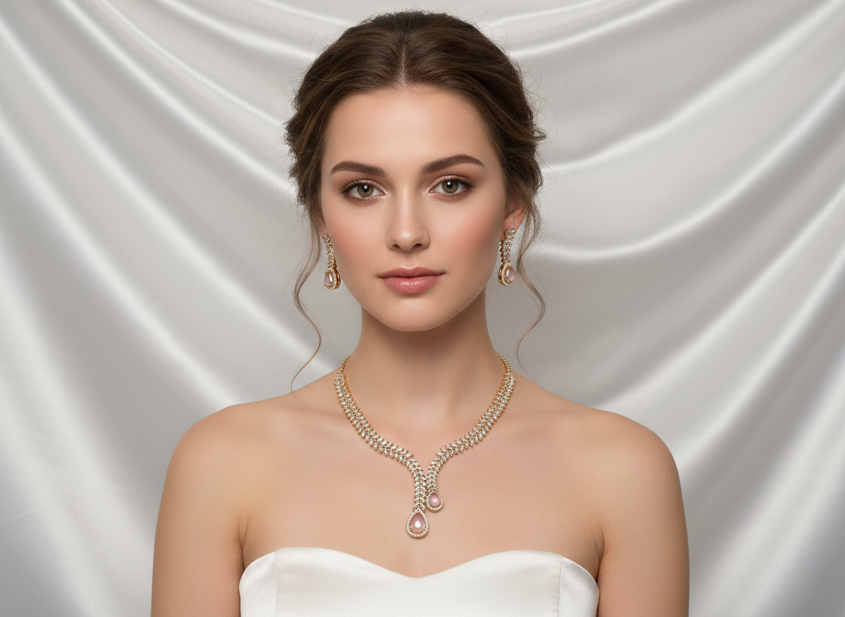 Elegent Antique Polish AD Jewellery Set (Pastel Pink)