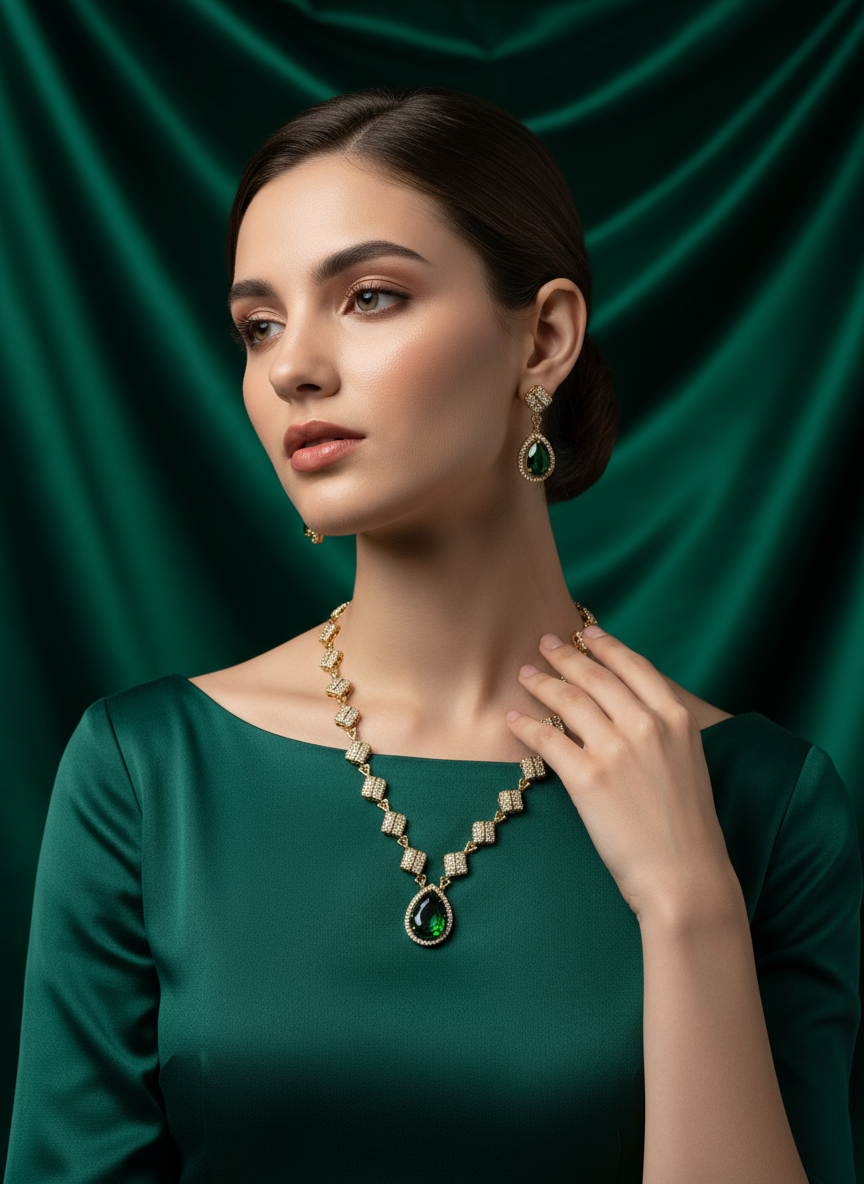 Antique Polish Geometric Shape AD Jewellery Set (Green)