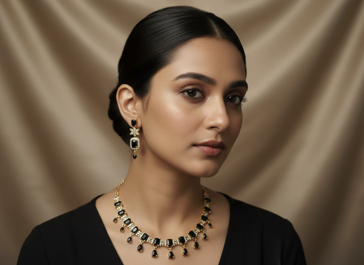 Beautiful Antique Polish Square Shape AD Jewellery Set (Black)