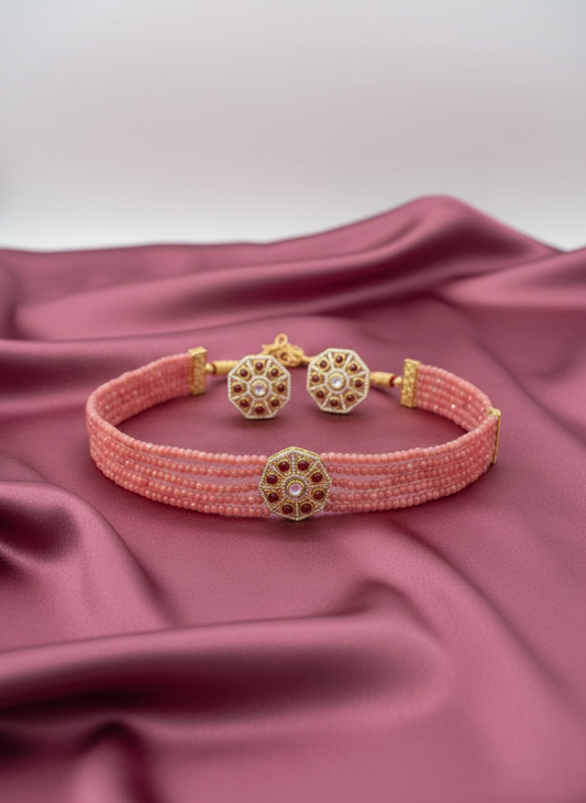 Pretty Pink Moisanite Stone Choker With Studs