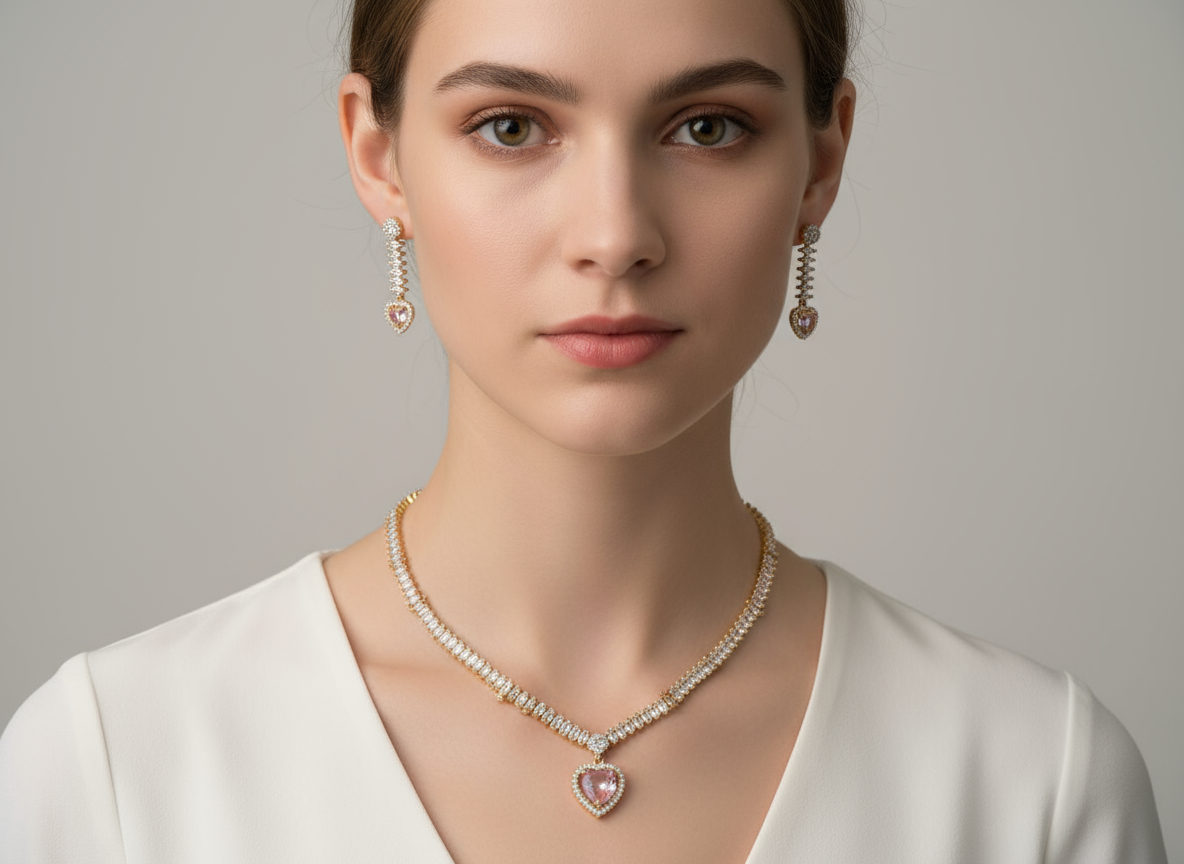 Beautiful Antique Polish Stone AD Jewellery Set (Pink)