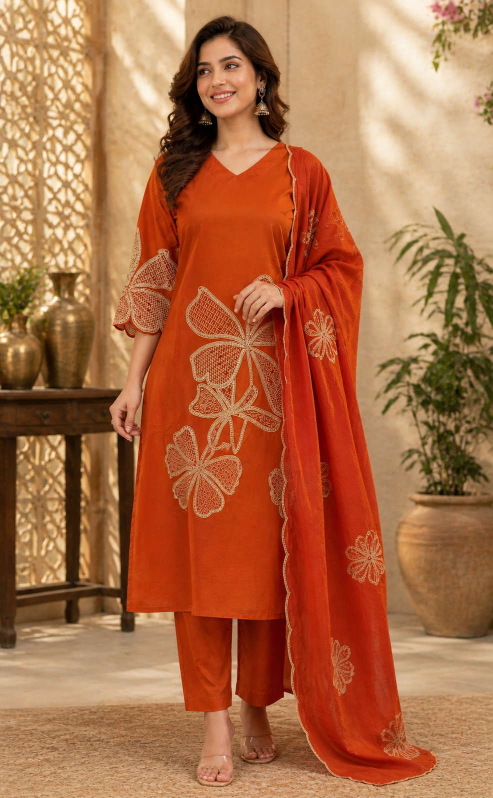 Pure Cotton Sequinn work Rust Kurta Set With Mul Cotton Dupatta