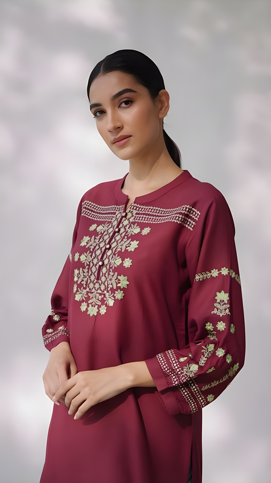 Mehroon Viscose Embroidered short Kurti