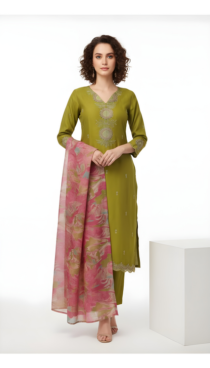 Rich Olive Green Embroidered Kurta Set