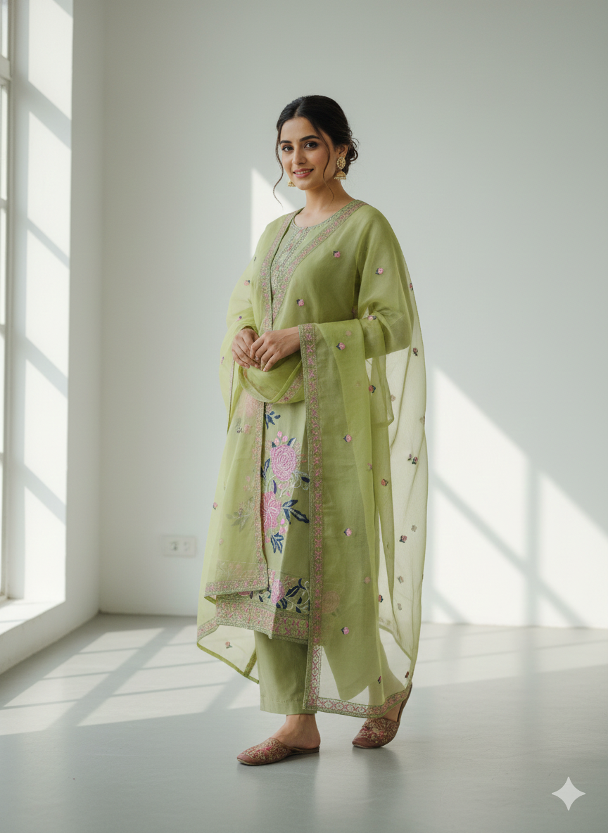 Stunning cotton Green Embriodered Kurta Set