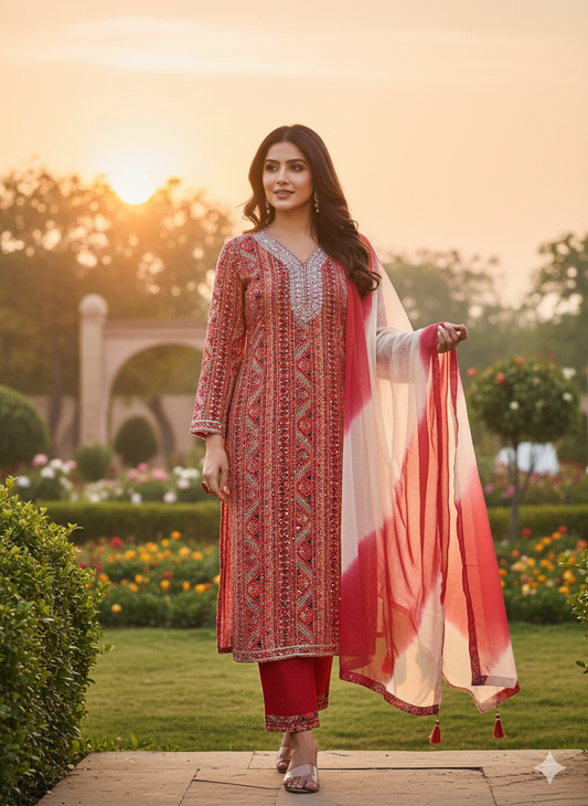 Rayon Red Printed Kurta Set