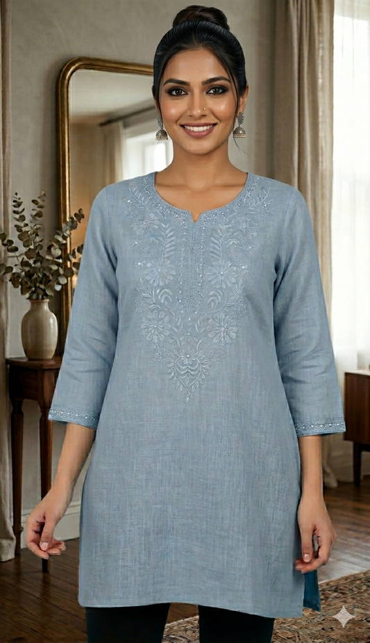 Linen Embroidered Powder Blue Short Kurti