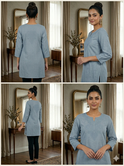 Linen Embroidered Powder Blue Short Kurti