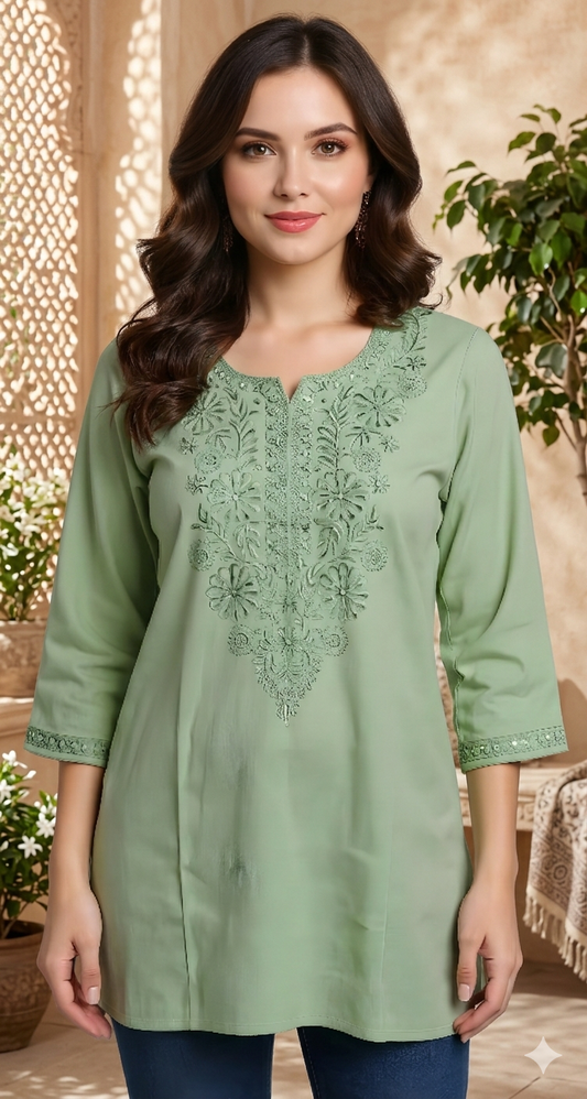 Linen Embroidered Green Short Kurti