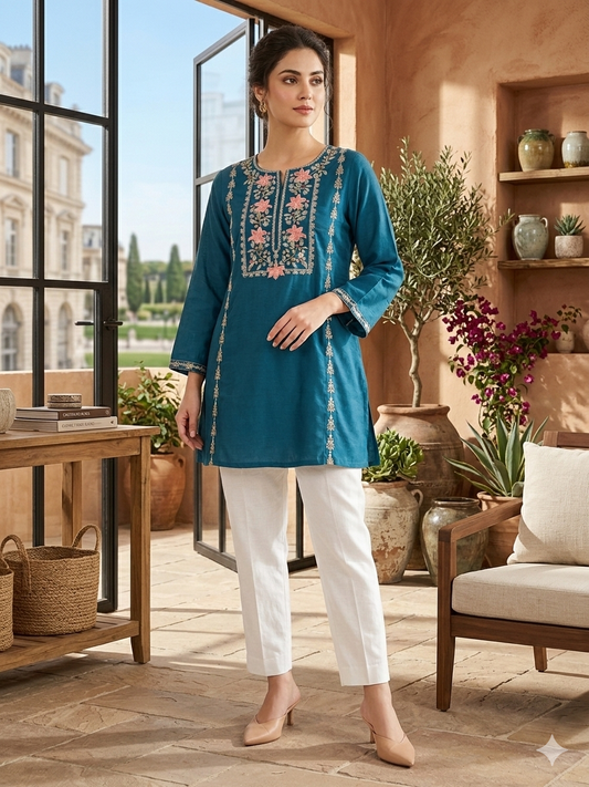 Viscose Soft Embroidered Blue Short Kurti