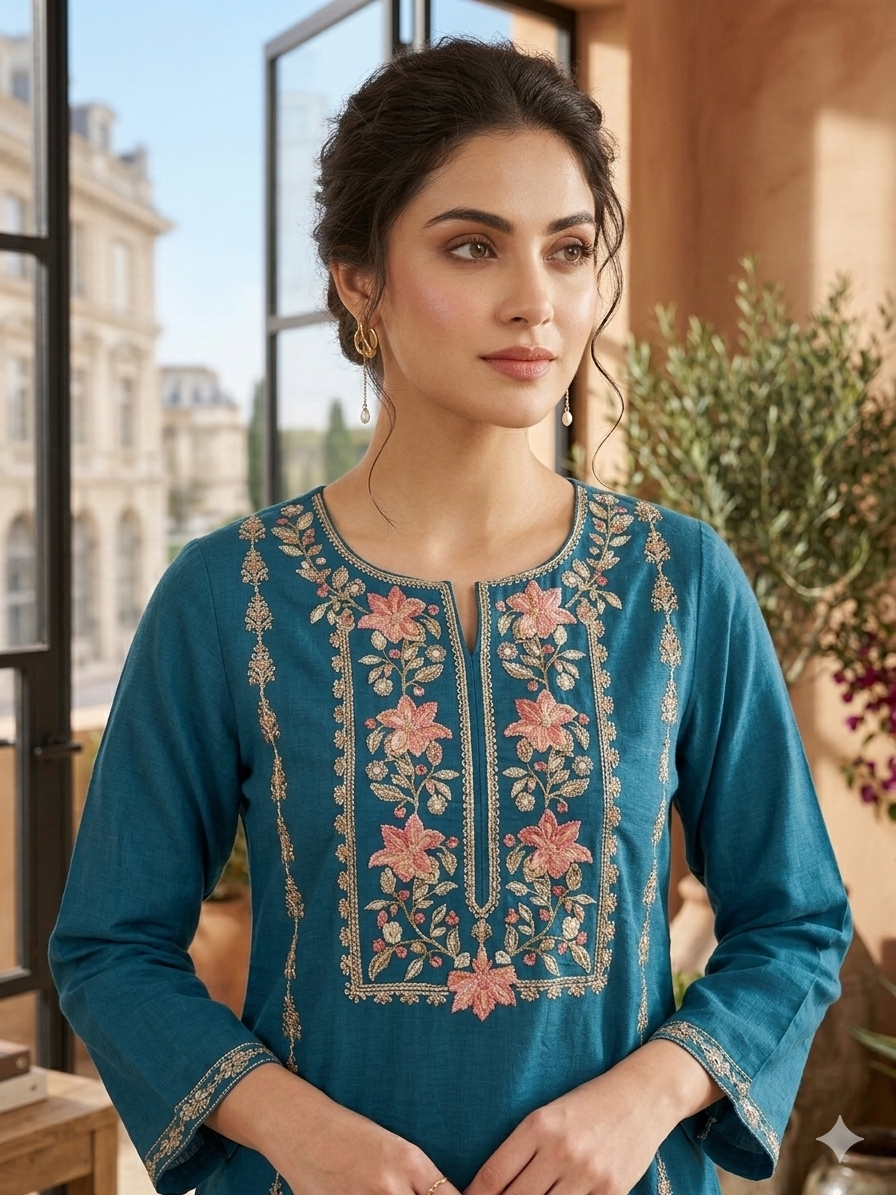 Viscose Soft Embroidered Blue Short Kurti