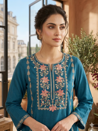 Viscose Soft Embroidered Blue Short Kurti