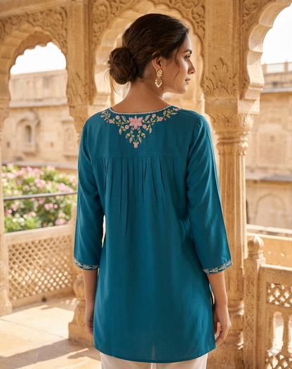 Viscose Soft Embroidered Blue Short Kurti