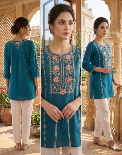 Viscose Soft Embroidered Blue Short Kurti