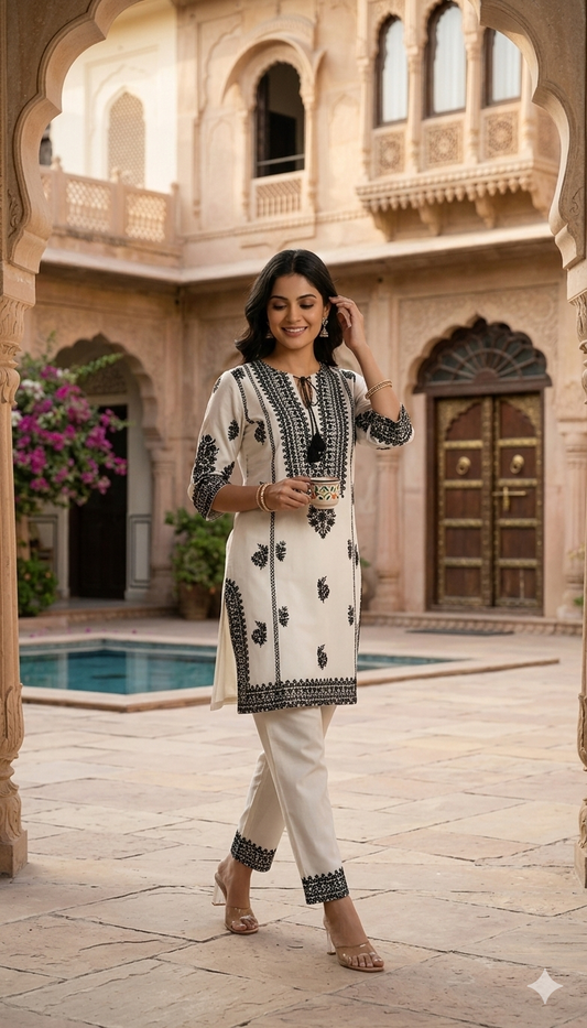 Beautiful Off White And Black Cotton Embroidered  Co Ord Set