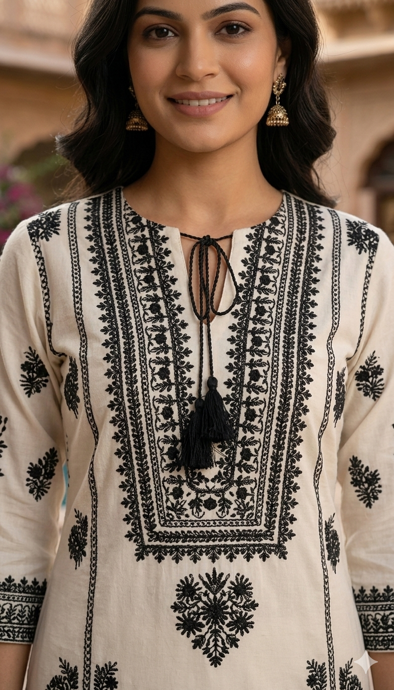 Beautiful Off White And Black Cotton Embroidered  Co Ord Set
