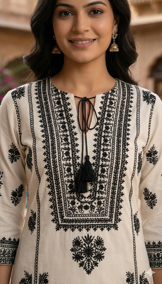 Beautiful Off White And Black Cotton Embroidered  Co Ord Set