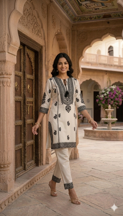 Beautiful Off White And Black Cotton Embroidered  Co Ord Set