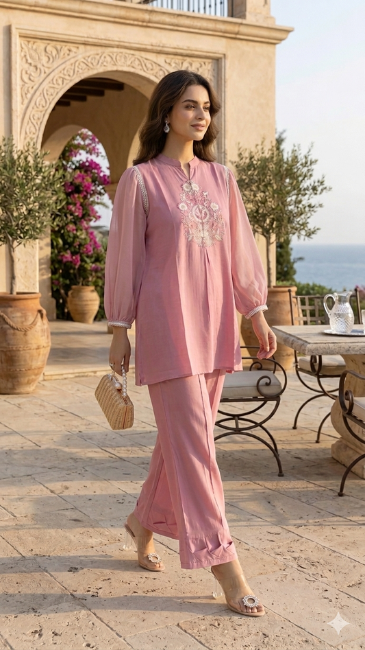 Pretty Pink Embriodered chiffon sleeves Co Ord Set