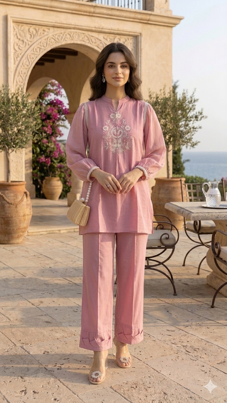 Pretty Pink Embriodered chiffon sleeves Co Ord Set