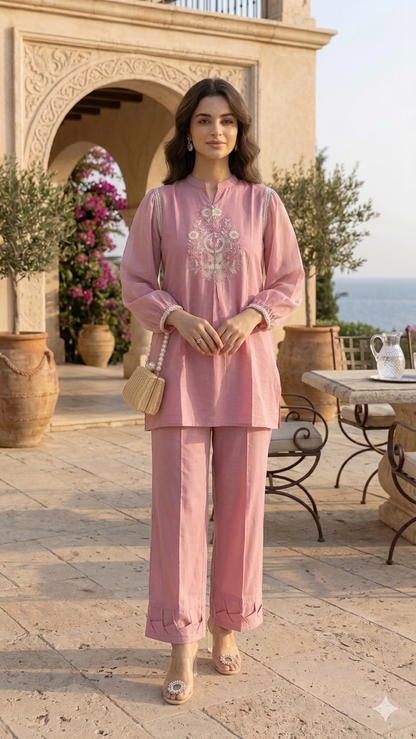 Pretty Pink Embriodered chiffon sleeves Co Ord Set