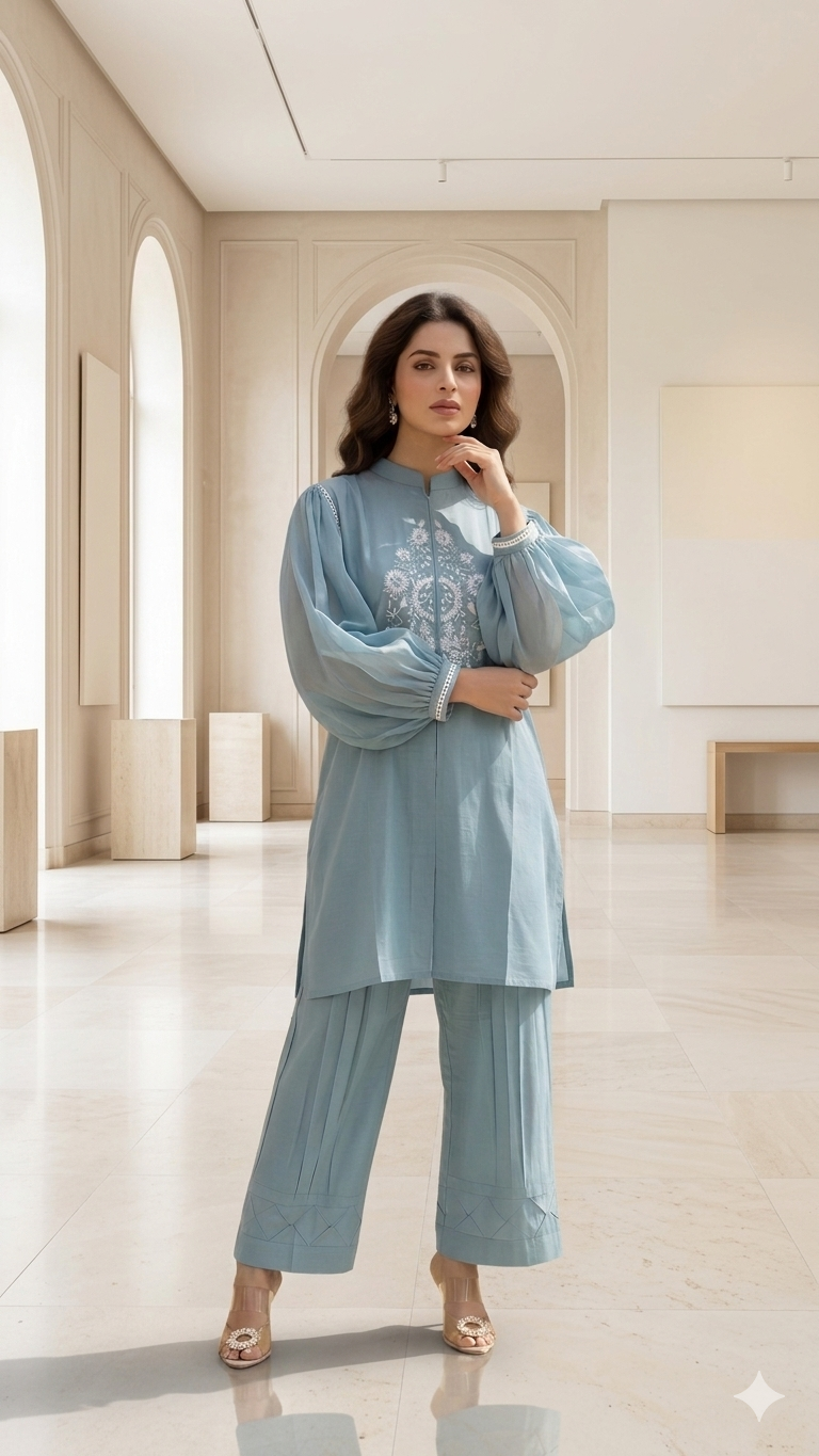 Stylish Cool embriodered  Powder Blue Co Ord Set