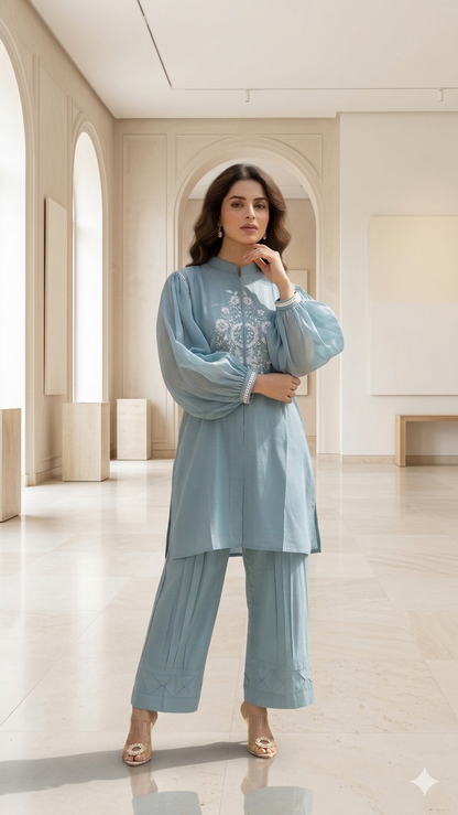 Stylish Cool embriodered  Powder Blue Co Ord Set