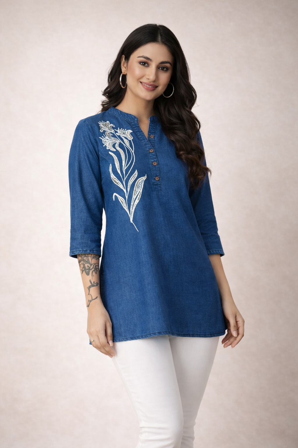 Blue Denim Patch Work Short Kurti