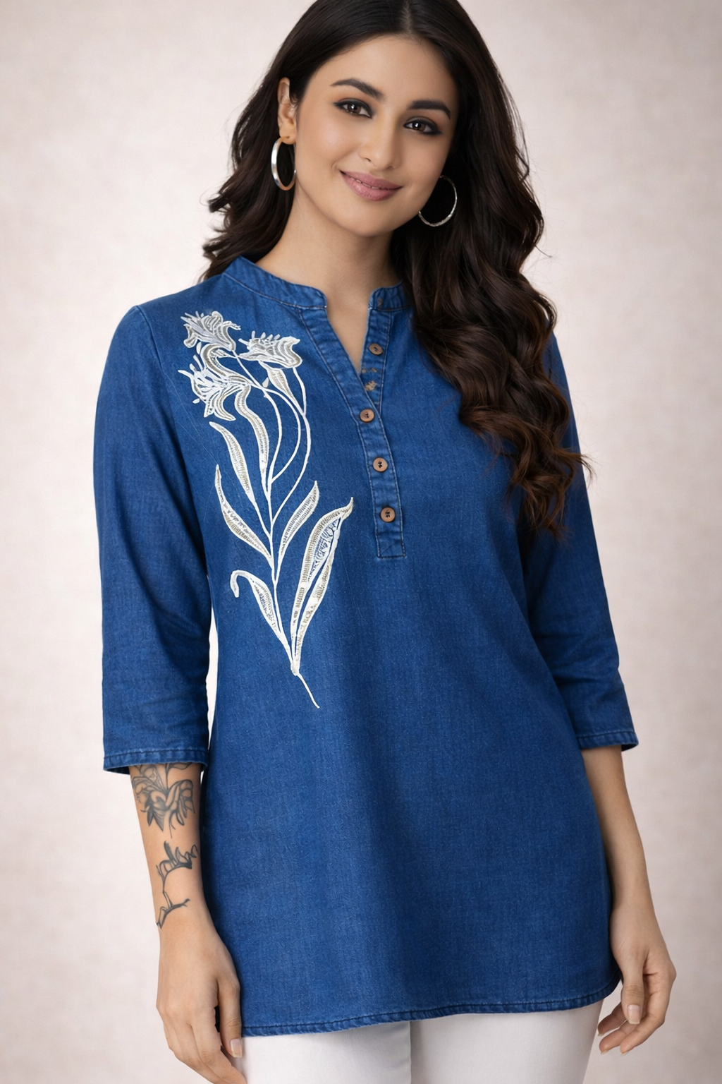 Blue Denim Patch Work Short Kurti