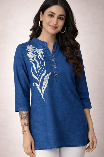 Blue Denim Patch Work Short Kurti