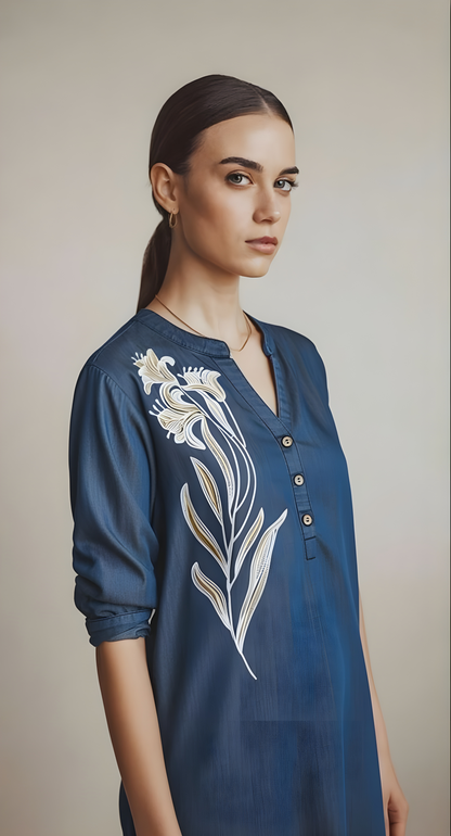Blue Denim Patch Work Short Kurti