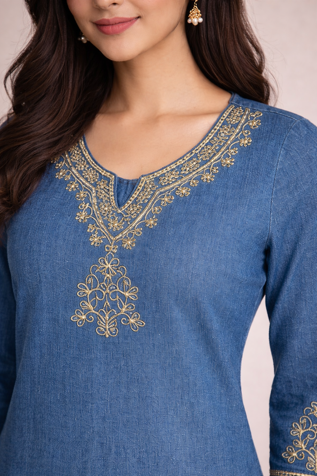 Blue Denim Embroidered Short Kurti