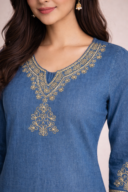 Blue Denim Embroidered Short Kurti