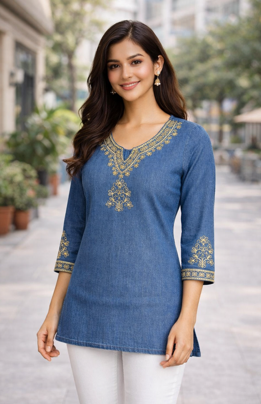 Blue Denim Embroidered Short Kurti