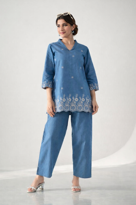Chic Denim Embriodered Co Ord set