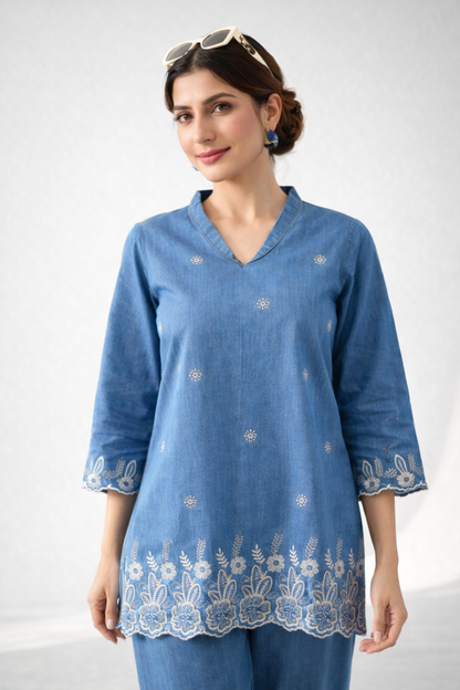 Chic Denim Embriodered Co Ord set