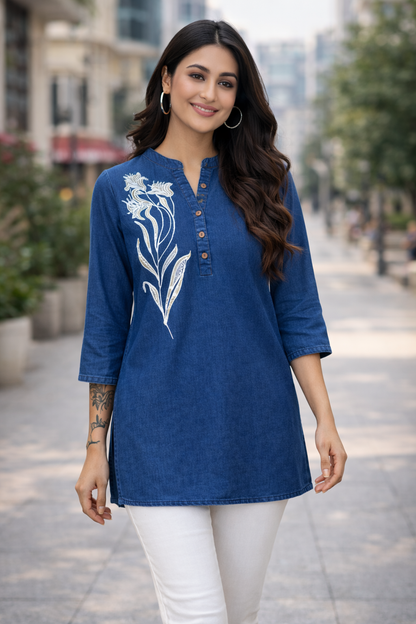 Blue Denim Patch Work Short Kurti