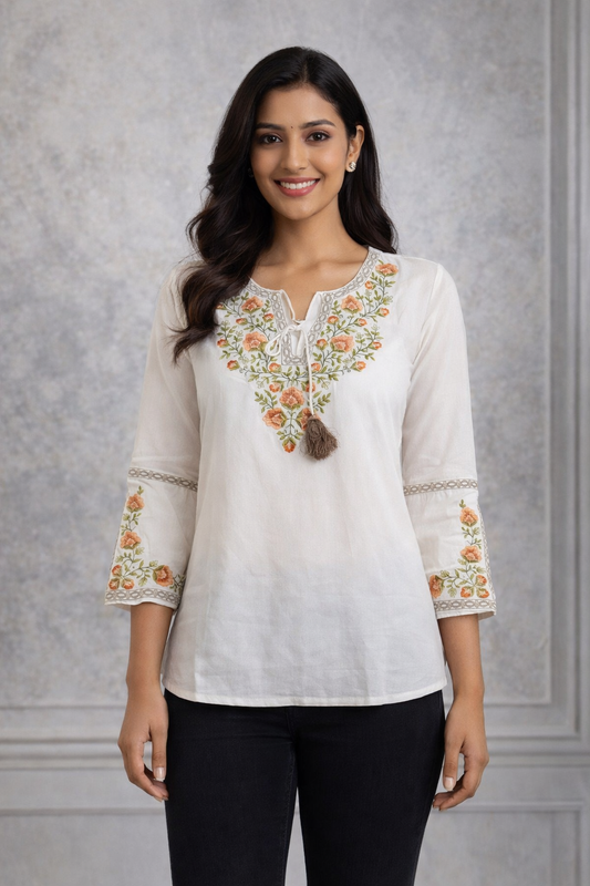 Beautiful White Embroidered Short Kurti