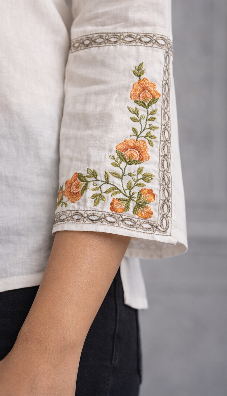 Beautiful White Embroidered Short Kurti