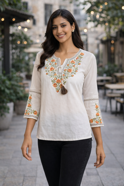 Beautiful White Embroidered Short Kurti