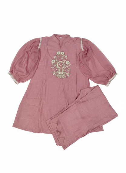 Pretty Pink Embriodered chiffon sleeves Co Ord Set