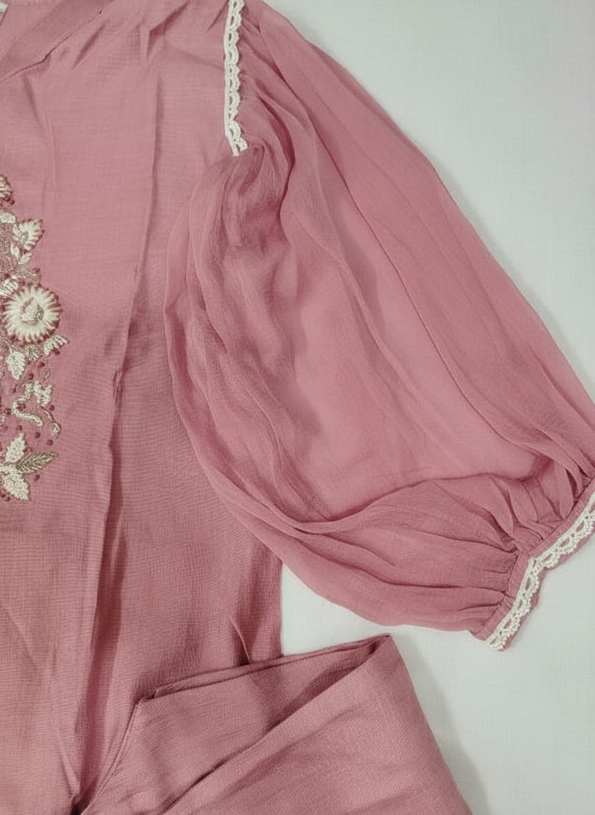 Pretty Pink Embriodered chiffon sleeves Co Ord Set
